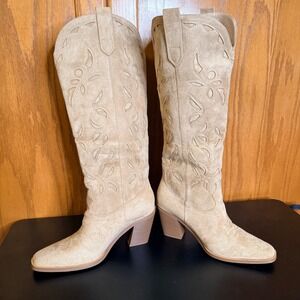 ISNOM Sz 10 Women Tan Faux Suede Western Cowboy‎ Boots Embroidered NIB